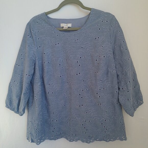 CJ Banks Top Blue Cotton Eyelet Lace Popover Womens 1X - Picture 8 of 13
